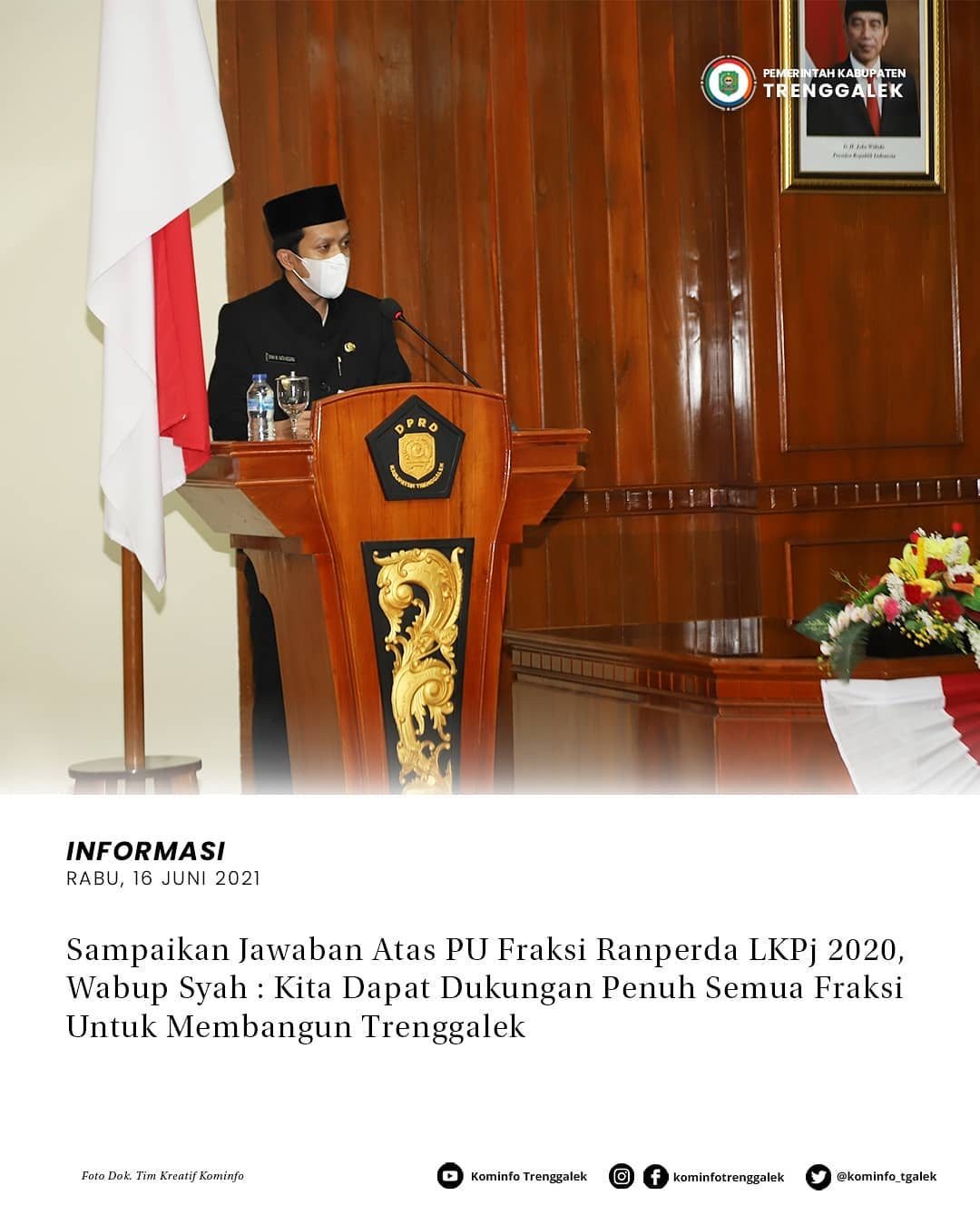 Sampaikan Atas Jawaban PU Fraksi Ranperda LKPj 2020, Wabup Syah : Kita Dapat Dukungan Penuh Fraksi Untuk Membangun Trenggalek